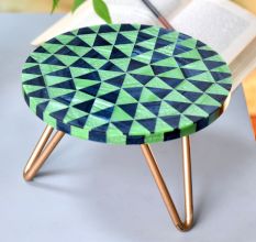 Green Chequered Wood And Resign Cake Stand Stool With  Iron Legs