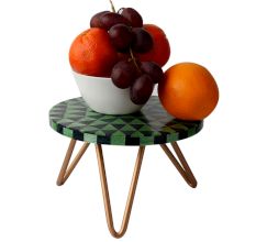 Green Chequered Wood And Resign Cake Stand Stool With  Iron Legs