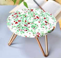 Multicolored Terrazzo Cake Stand Made with Wood Red And Iron Legs