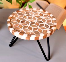 Boho Earth Solid Wood And Resin Cake Side Stand With Iron Stands
