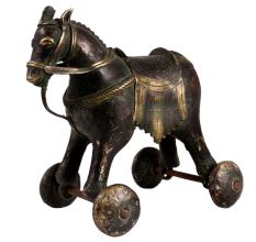 BrassÂ Horse Temple Toy With Four Wheels