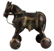 BrassÂ Horse Temple Toy With Four Wheels