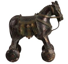 BrassÂ Horse Temple Toy With Four Wheels