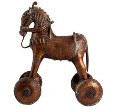 Traditional Brass Horse On Wheels Primitive Temple Toy