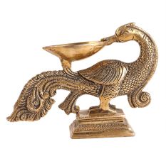 Deepak Oil Lamp Stand with Carved Peacock Figurine