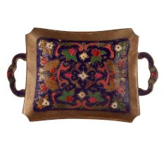 Brass Rectangle Tray With Floral Meenakari Design