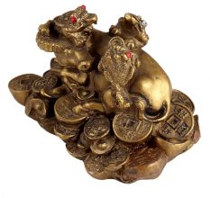 Golden Lucky Buffalo And Frog Statue Made Of Fish Bone