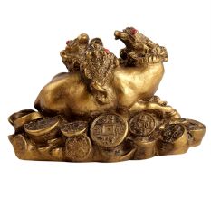 Golden Lucky Buffalo And Frog Statue Made Of Fish Bone
