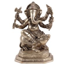 Brass Lord Ganesh Statue Sitting On Mushak Vahan
