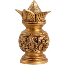 Brass Kalash Pot Engraved With Lakshmi Ganesh Motifs