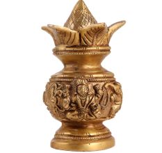 Brass Kalash Pot Engraved With Lakshmi Ganesh Motifs