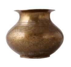 Antique Brass Pot With Floral Hand Carvings