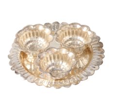 Brass Pooja Thali With 3 Flower Shaped Bowls In Silver Finish