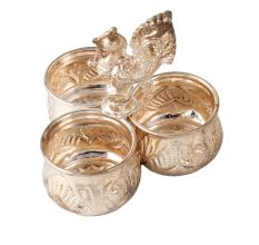 3 Cups Brass Kumkum Holder with Peacock HandleÂ In Silver finish