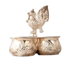 3 Cups Brass Kumkum Holder with Peacock HandleÂ In Silver finish
