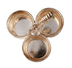 3 Cups Brass Kumkum Holder with Peacock HandleÂ In Silver finish