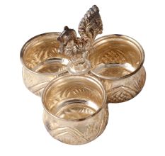 Brass Three Cup Brass Kumkum Holder In Silver Finish