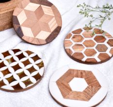 Handmade Brown and White Round Resin Set of 4 Decorative Table Coasters