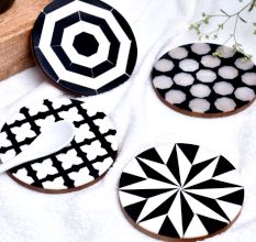 Handmade Black and White Round Resin Set of 4 Decorative Table Coasters