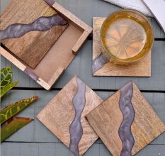 Handmade Purple Epoxy River and Acacia Wood Wood Set of 4 Decorative Table Coasters with Cover