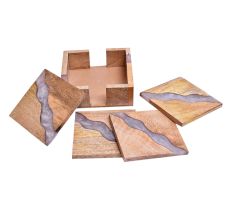 Handmade Purple Epoxy River and Acacia Wood Wood Set of 4 Decorative Table Coasters with Cover