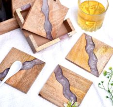 Handmade Purple Epoxy River and Acacia Wood Wood Set of 4 Decorative Table Coasters with Cover