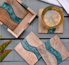 Handmade Green Epoxy River and Acacia Wood Wood Set of 4 Decorative Table Coasters with Cover