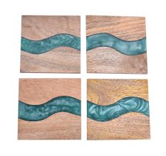 Handmade Green Epoxy River and Acacia Wood Wood Set of 4 Decorative Table Coasters with Cover