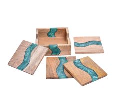 Handmade Green Epoxy River and Acacia Wood Wood Set of 4 Decorative Table Coasters with Cover