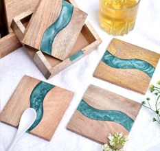 Handmade Green Epoxy River and Acacia Wood Wood Set of 4 Decorative Table Coasters with Cover