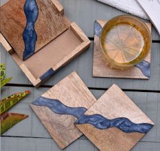Handmade Prussian Blue Epoxy River and Acacia Wood Set of 4 Decorative Table Coasters with Cover