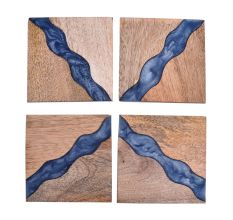 Handmade Prussian Blue Epoxy River and Acacia Wood Set of 4 Decorative Table Coasters with Cover