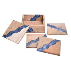 Handmade Prussian Blue Epoxy River and Acacia Wood Set of 4 Decorative Table Coasters with Cover