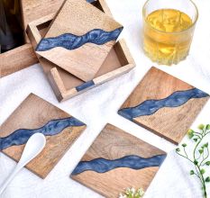 Handmade Prussian Blue Epoxy River and Acacia Wood Set of 4 Decorative Table Coasters with Cover