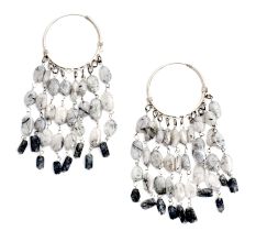 92.5 Sterling Silver Tribal Grey And White Beaded Hoop Earring