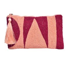 Peach and Red Beaded Women's Clutch Or Purse With Tassel
