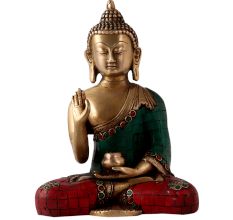 Brass Lord Buddha Statue in Colourful Stone Work
