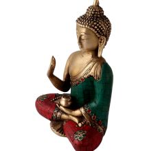 Brass Lord Buddha Statue in Colourful Stone Work