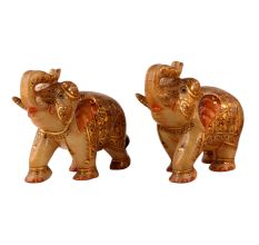 Hand Panted Marble Elephant Statue In Pair