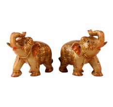 Hand Panted Marble Elephant Statue In Pair