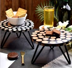 Black and Brown Disc Design Wood and Resin Cake Stand for Dessert, Fruit and Planter