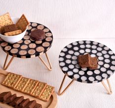 Black and Brown Disc Design Wood and Resin Cake Stand for Dessert, Fruit and Planter