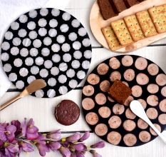 Black and Brown Disc Design Wood and Resin Cake Stand for Dessert, Fruit and Planter