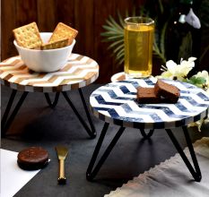 Brown and Blue Chevron Wood and Resin Cake Stand for Dessert, Fruit and Planter