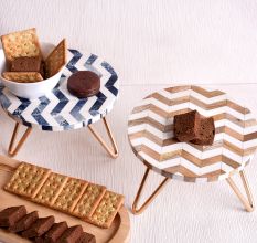 Brown and Blue Chevron Wood and Resin Cake Stand for Dessert, Fruit and Planter