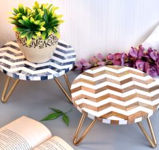 Brown and Blue Chevron Wood and Resin Cake Stand for Dessert, Fruit and Planter