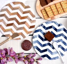 Brown and Blue Chevron Wood and Resin Cake Stand for Dessert, Fruit and Planter