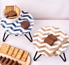 Brown and Blue Chevron Wood and Resin Cake Stand for Dessert, Fruit and Planter