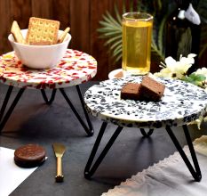 Red and Black Terrazzo Wood and Resin Cake Stand for Dessert, Fruit and Planter