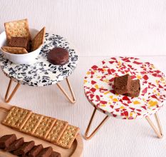 Red and Black Terrazzo Wood and Resin Cake Stand for Dessert, Fruit and Planter